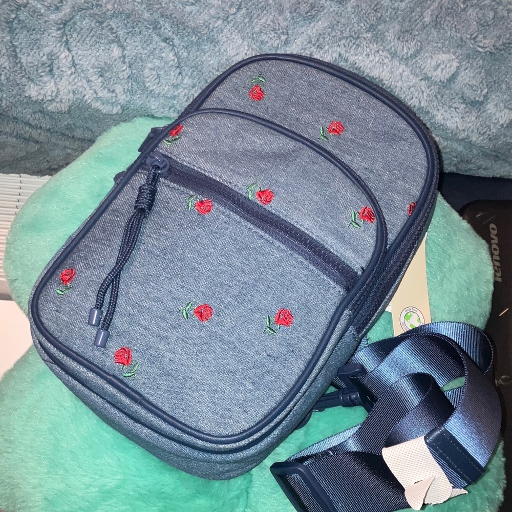 Floral Embroidered Denim Crossbody Bag